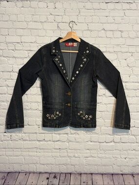 Embellished Dark Denim Blazer Jacket with Floral Details - Women